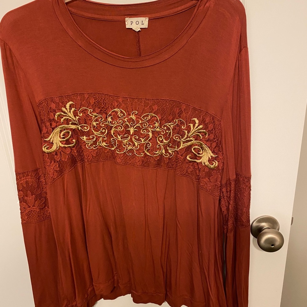 Rust POL long sleeve top with lace detail
